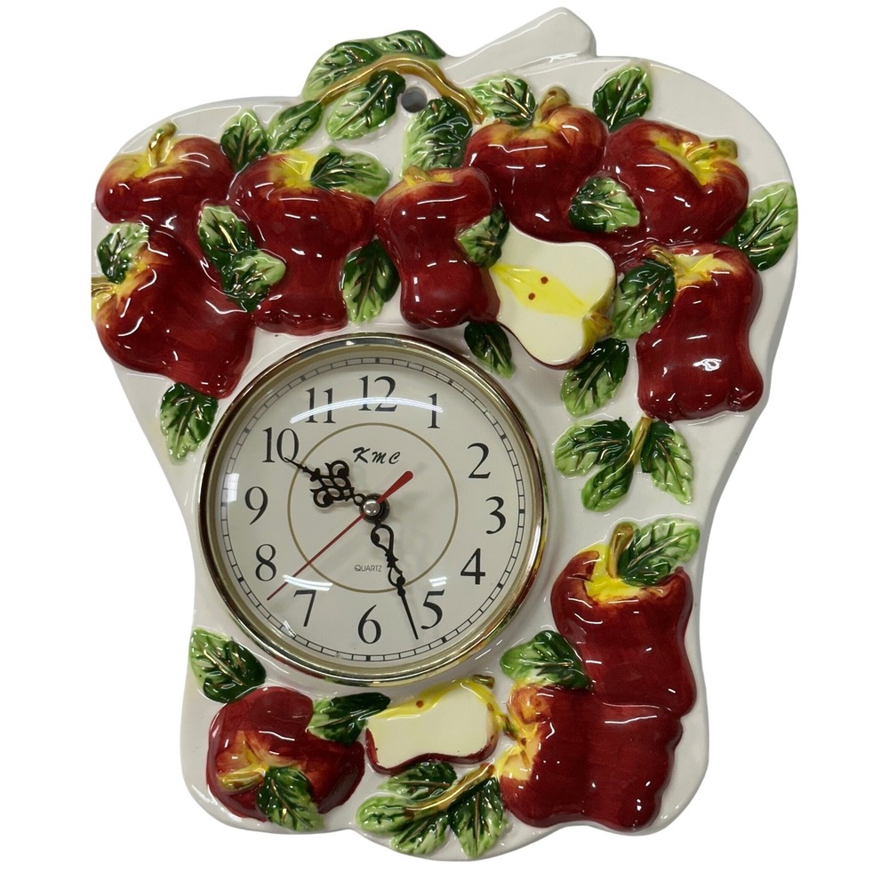 VTG KMC Wall Clock Red Apple Kitchen Decor Ceramic Fruit Theme 3D Relief Quartz